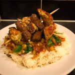 Steak and Garlic Chicken Kebabs with Stir Fry Vegetables and Rice