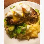 Tuna Fish Cakes with Swede Mash, Leeks and Poached Eggs
